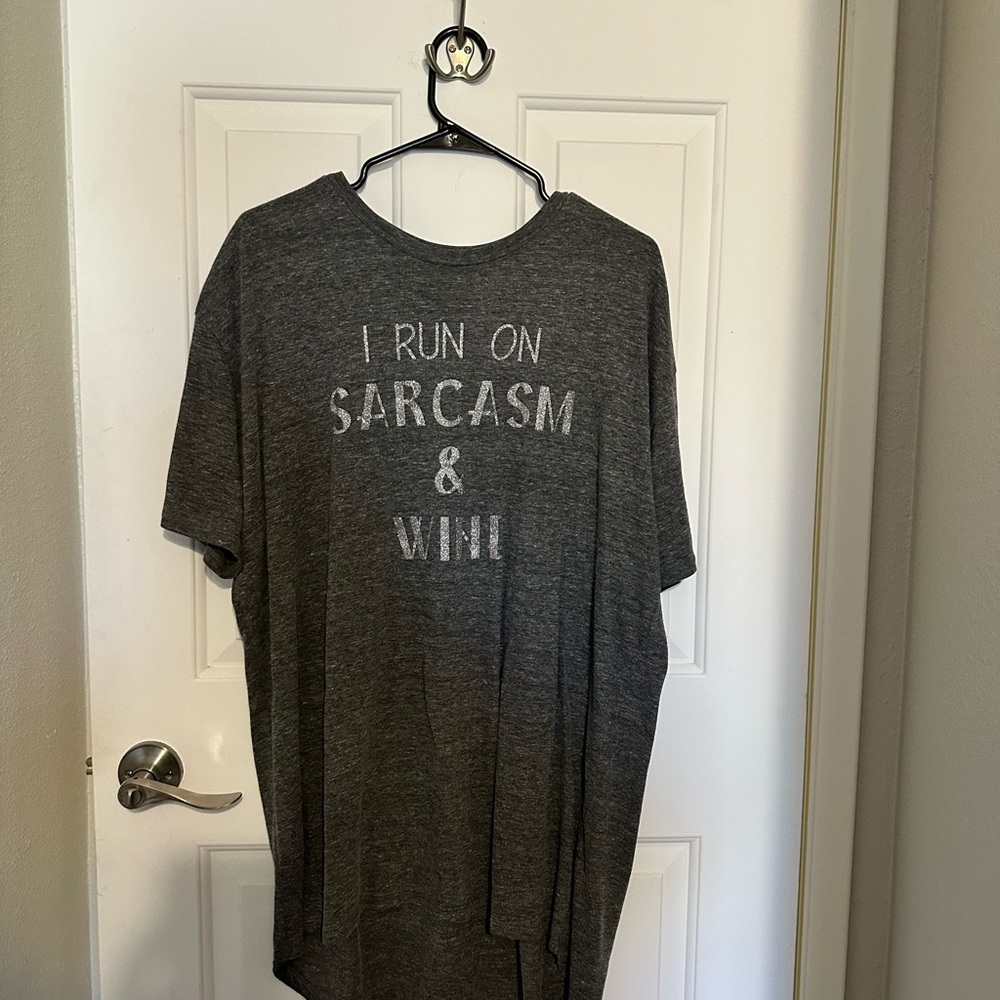 Lularoe SARCASM AND WINE 3x Charcoal Graphic Tee with glitter letters.